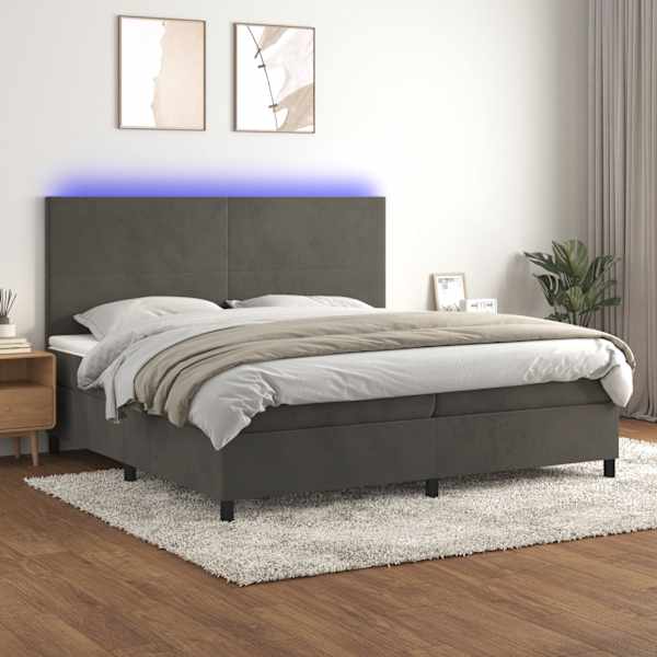 LED-valgustusega kontinentaalvoodi koos 2 madratsiga, tumehall, 200 × 200 cm, samet — mudel 3136024