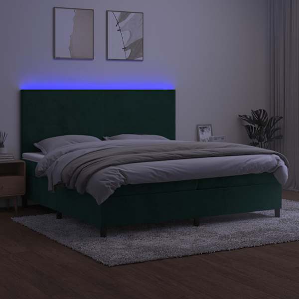 LED-valgustusega kontinentaalvoodi koos 2 madratsiga, tumeroheline, 200 × 200 cm, samet — mudel 3136026