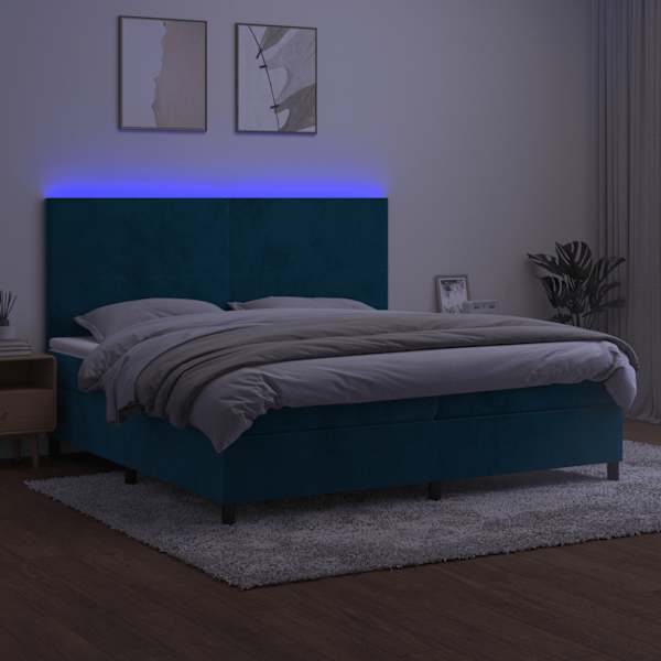 LED-valgustusega kontinentaalvoodi koos 2 madratsiga, tumesinine, 200 × 200 cm, samet — mudel 3136027