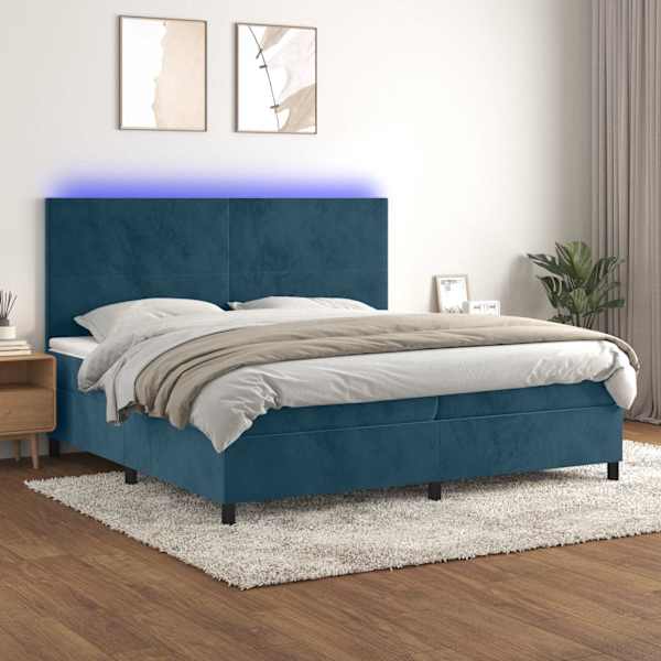 LED-valgustusega kontinentaalvoodi koos 2 madratsiga, tumesinine, 200 × 200 cm, samet — mudel 3136027