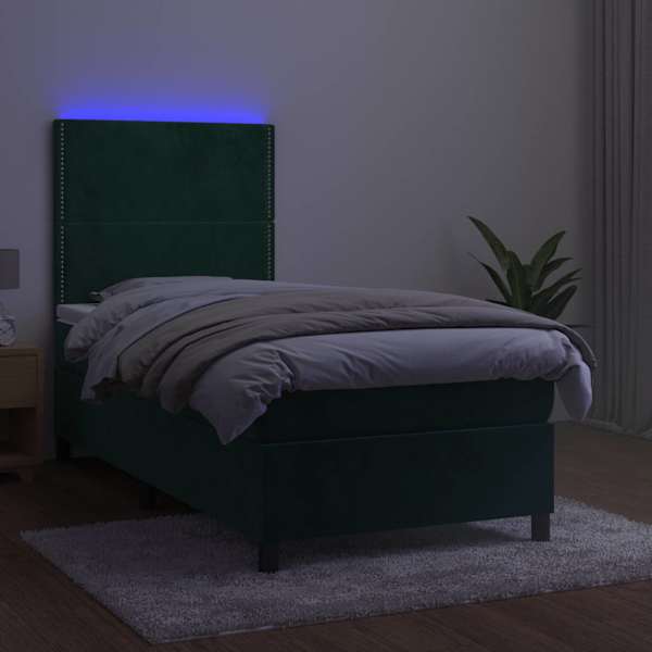 LED-valgustusega kontinentaalvoodi koos madratsiga, tumeroheline, 90 × 190 cm, samet — mudel 3136038