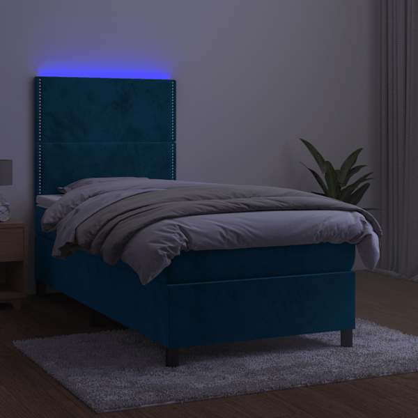 LED-valgustusega kontinentaalvoodi koos madratsiga, tumesinine, 100 × 200 cm, samet — mudel 3136051