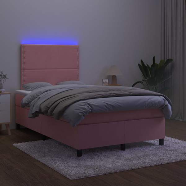 LED-valgustusega kontinentaalvoodi koos madratsiga, roosa, 120 × 200 cm, samet — mudel 3136058