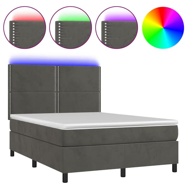 LED-valgustusega kontinentaalvoodi koos madratsiga, tumehall, 140 × 190 cm, samet — mudel 3136060
