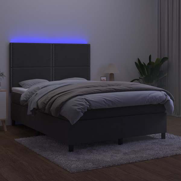 LED-valgustusega kontinentaalvoodi koos madratsiga, tumehall, 140 × 190 cm, samet — mudel 3136060