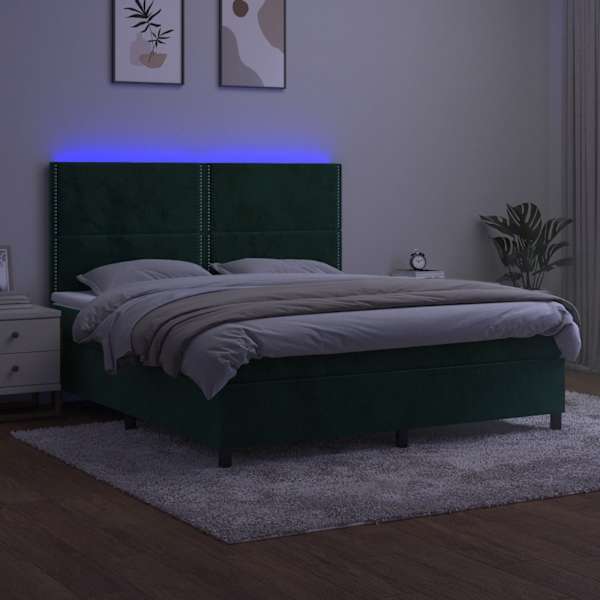 LED-valgustusega kontinentaalvoodi koos madratsiga, tumeroheline, 180 × 200 cm, samet — mudel 3136080