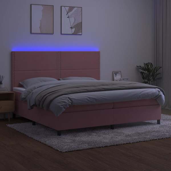 LED-valgustusega kontinentaalvoodi koos 2 madratsiga, roosa, 200 × 200 cm, samet — mudel 3136088
