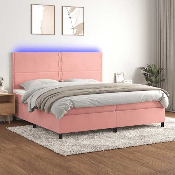 LED-valgustusega kontinentaalvoodi koos 2 madratsiga, roosa, 200 × 200 cm, samet — mudel 3136088