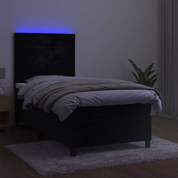 LED-valgustusega kontinentaalvoodi koos madratsiga, must, 90 × 190 cm, samet — mudel 3136097