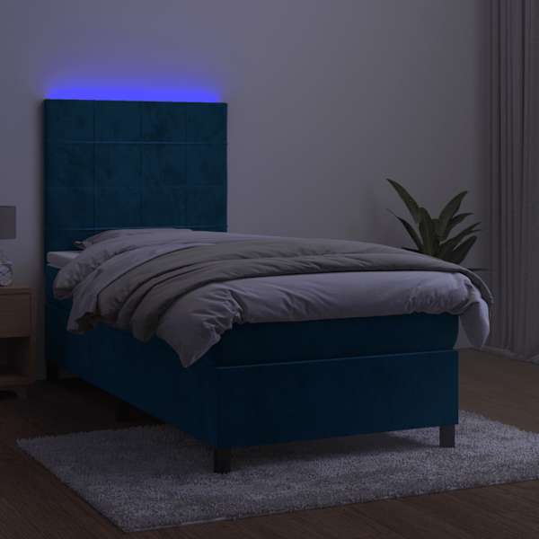 LED-valgustusega kontinentaalvoodi koos madratsiga, tumesinine, 90 × 190 cm, samet — mudel 3136099