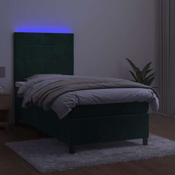 LED-valgustusega kontinentaalvoodi koos madratsiga, tumeroheline, 90 × 200 cm, samet — mudel 3136104