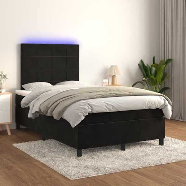 LED-valgustusega kontinentaalvoodi koos madratsiga, must, 120 × 200 cm, samet — mudel 3136115