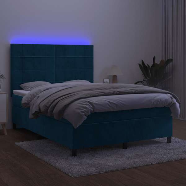 LED-valgustusega kontinentaalvoodi koos madratsiga, tumesinine, 140 × 190 cm, samet — mudel 3136123