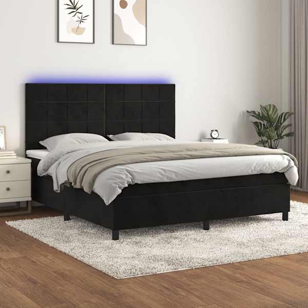 LED-valgustusega kontinentaalvoodi koos madratsiga, must, 160 × 200 cm, samet — mudel 3136133