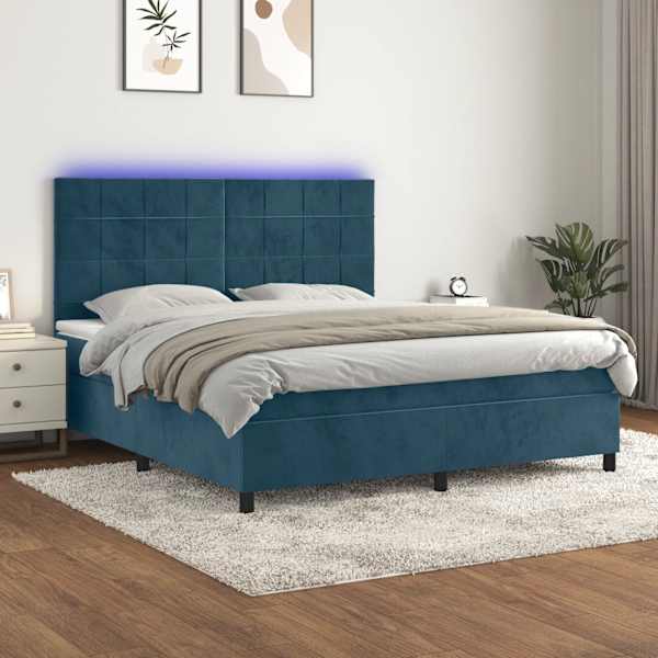 LED-valgustusega kontinentaalvoodi koos madratsiga, tumesinine, 160 × 200 cm, samet — mudel 3136135
