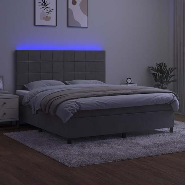 LED-valgustusega kontinentaalvoodi koos madratsiga, helehall, 180 × 200 cm, samet — mudel 3136137