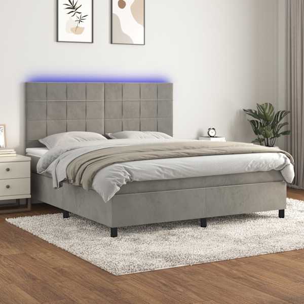 LED-valgustusega kontinentaalvoodi koos madratsiga, helehall, 180 × 200 cm, samet — mudel 3136137