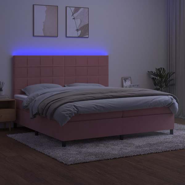 LED-valgustusega kontinentaalvoodi koos 2 madratsiga, roosa, 200 × 200 cm, samet — mudel 3136148