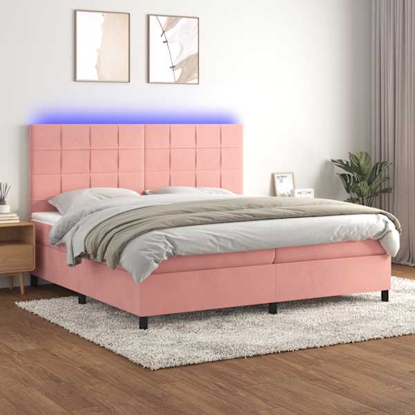 LED-valgustusega kontinentaalvoodi koos 2 madratsiga, roosa, 200 × 200 cm, samet — mudel 3136148