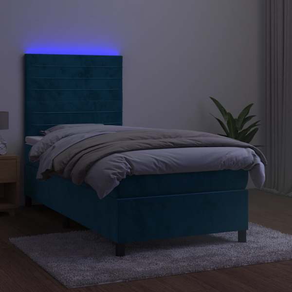 LED-valgustusega kontinentaalvoodi koos madratsiga, tumesinine, 90 × 190 cm, samet — mudel 3136159