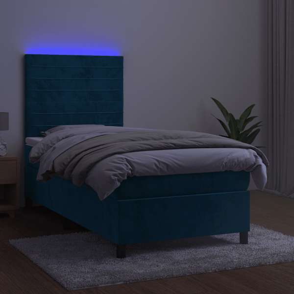 LED-valgustusega kontinentaalvoodi koos madratsiga, tumesinine, 100 × 200 cm, samet — mudel 3136171