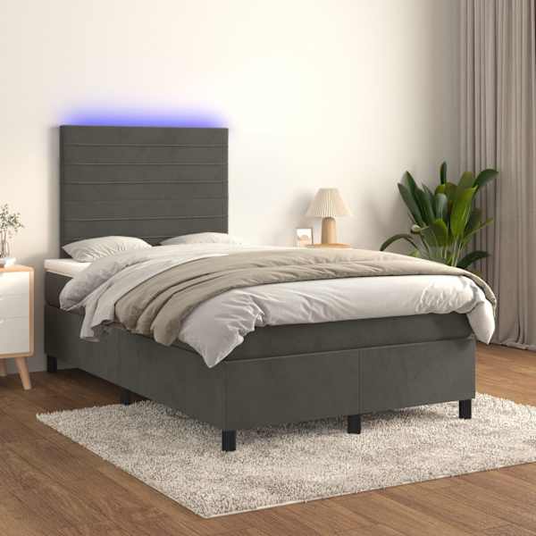 LED-valgustusega kontinentaalvoodi koos madratsiga, tumehall, 120 × 200 cm, samet — mudel 3136174