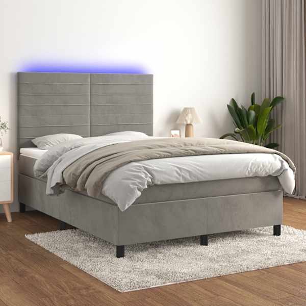 LED-valgustusega kontinentaalvoodi koos madratsiga, helehall, 140 × 190 cm, samet — mudel 3136179