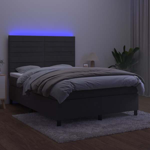 LED-valgustusega kontinentaalvoodi koos madratsiga, tumehall, 140 × 190 cm, samet — mudel 3136180