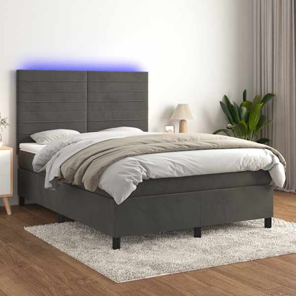 LED-valgustusega kontinentaalvoodi koos madratsiga, tumehall, 140 × 190 cm, samet — mudel 3136180