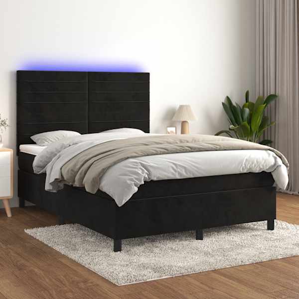 LED-valgustusega kontinentaalvoodi koos madratsiga, must, 140 × 190 cm, samet — mudel 3136181