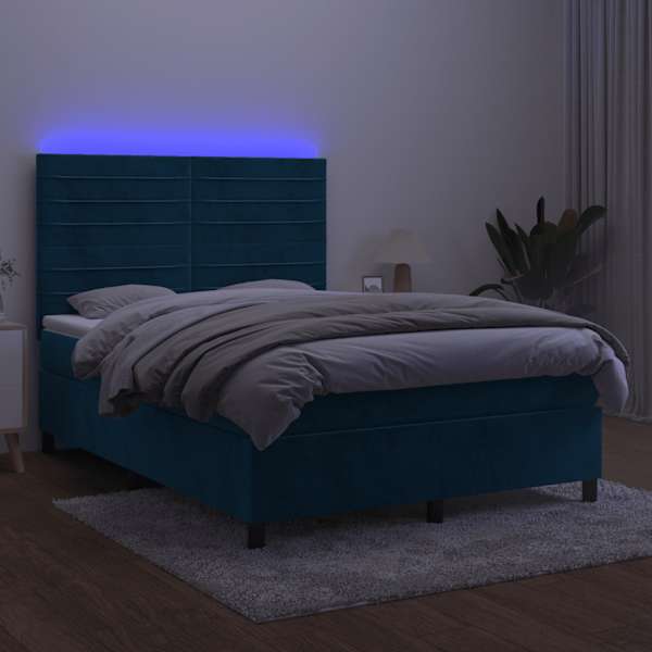 LED-valgustusega kontinentaalvoodi koos madratsiga, tumesinine, 140 × 190 cm, samet — mudel 3136183