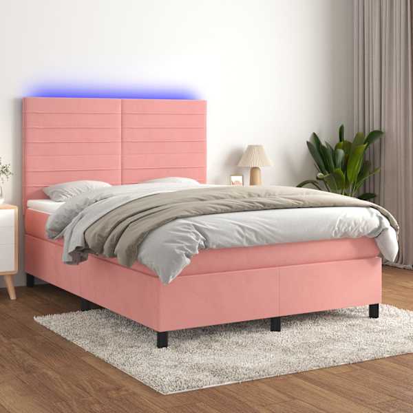 LED-valgustusega kontinentaalvoodi koos madratsiga, roosa, 140 × 190 cm, samet — mudel 3136184