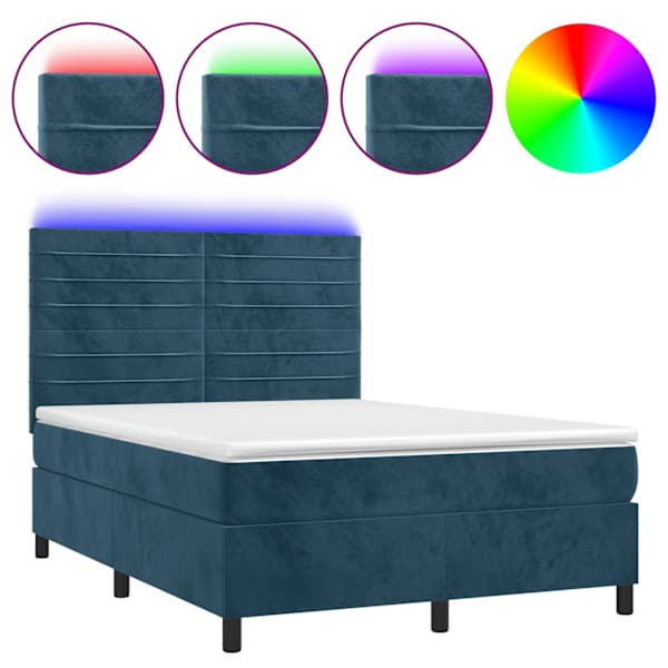 LED-valgustusega kontinentaalvoodi koos madratsiga, tumesinine, 140 × 200 cm, samet — mudel 3136189