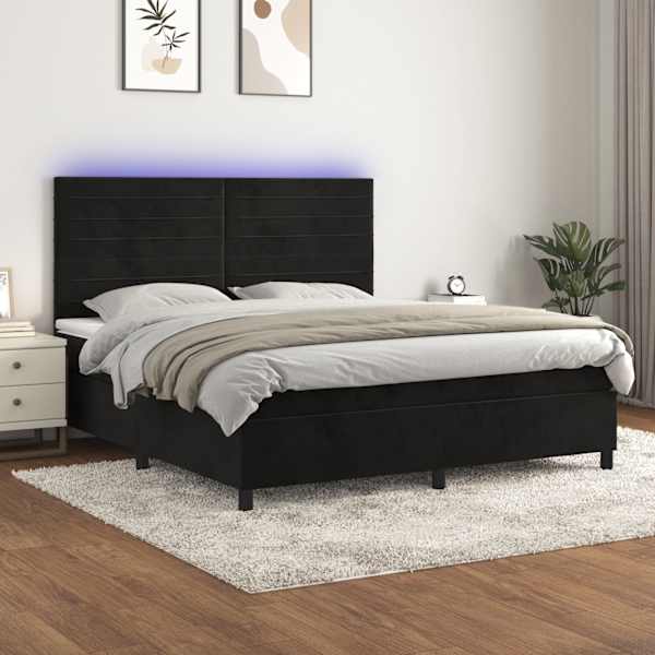 LED-valgustusega kontinentaalvoodi koos madratsiga, must, 160 × 200 cm, samet — mudel 3136193