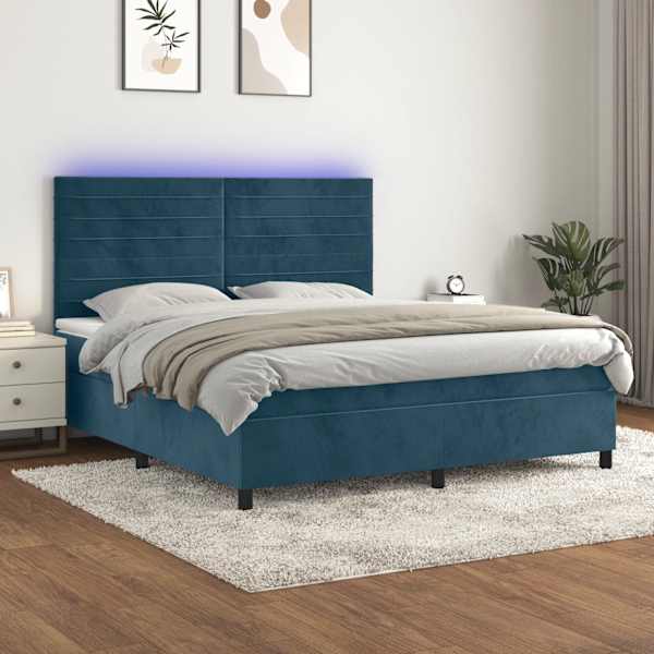 LED-valgustusega kontinentaalvoodi koos madratsiga, tumesinine, 160 × 200 cm, samet — mudel 3136195