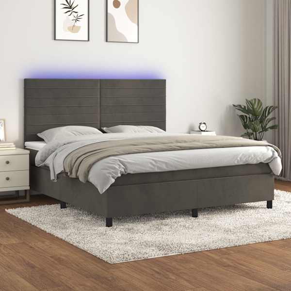 LED-valgustusega kontinentaalvoodi koos madratsiga, tumehall, 180 × 200 cm, samet — mudel 3136198