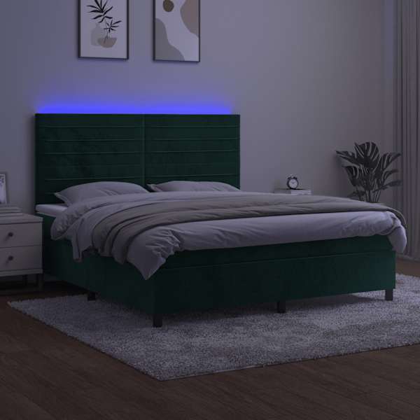 LED-valgustusega kontinentaalvoodi koos madratsiga, tumeroheline, 180 × 200 cm, samet — mudel 3136200