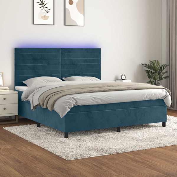 LED-valgustusega kontinentaalvoodi koos madratsiga, tumesinine, 180 × 200 cm, samet — mudel 3136201