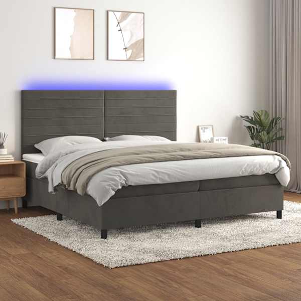 LED-valgustusega kontinentaalvoodi koos 2 madratsiga, tumehall, 200 × 200 cm, samet — mudel 3136204