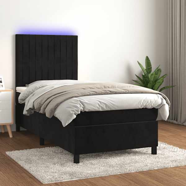 LED-valgustusega kontinentaalvoodi koos madratsiga, must, 80 × 200 cm, samet