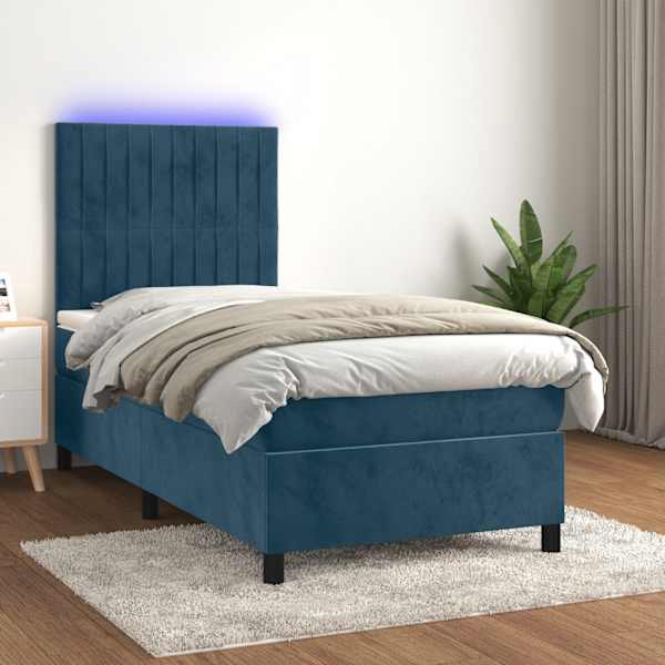 LED-valgustusega kontinentaalvoodi koos madratsiga, tumesinine, 80 × 200 cm, samet