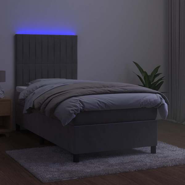 LED-valgustusega kontinentaalvoodi koos madratsiga, helehall, 90 × 190 cm, samet — mudel 3136215