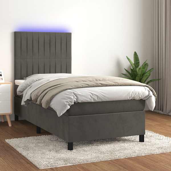 LED-valgustusega kontinentaalvoodi koos madratsiga, tumehall, 90 × 190 cm, samet — mudel 3136216