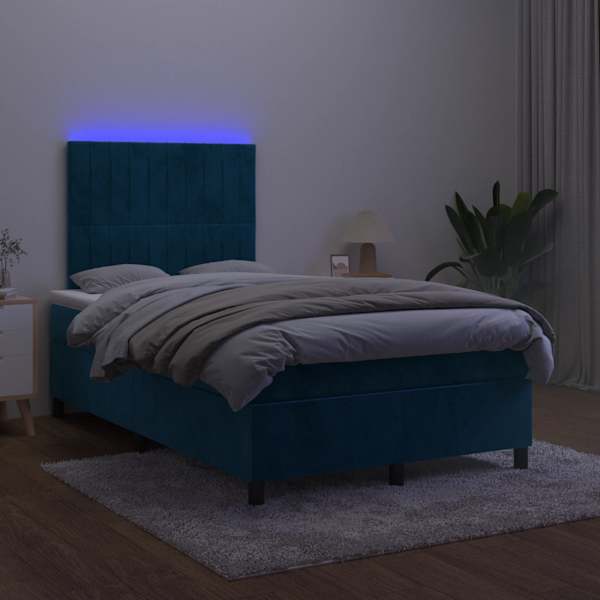 LED-valgustusega kontinentaalvoodi koos madratsiga, tumesinine, 120 × 200 cm, samet — mudel 3136237