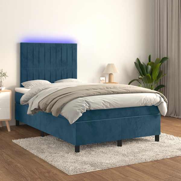 LED-valgustusega kontinentaalvoodi koos madratsiga, tumesinine, 120 × 200 cm, samet — mudel 3136237