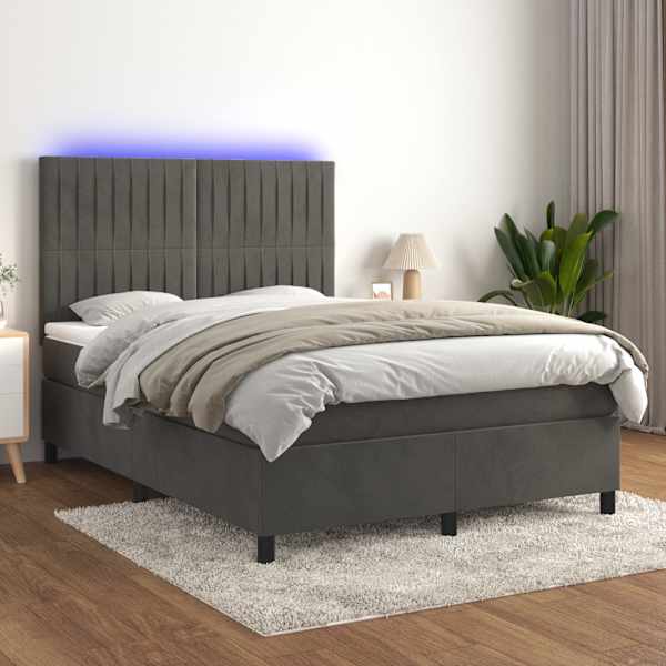 LED-valgustusega kontinentaalvoodi koos madratsiga, tumehall, 140 × 190 cm, samet — mudel 3136240