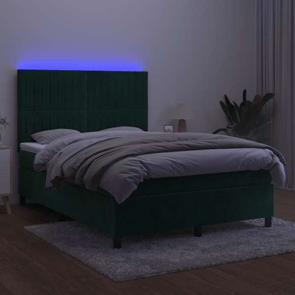 LED-valgustusega kontinentaalvoodi koos madratsiga, tumeroheline, 140 × 190 cm, samet — mudel 3136242