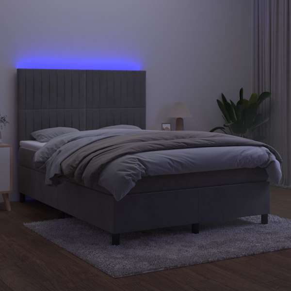 LED-valgustusega kontinentaalvoodi koos madratsiga, helehall, 140 × 200 cm, samet — mudel 3136245