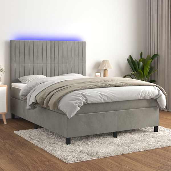 LED-valgustusega kontinentaalvoodi koos madratsiga, helehall, 140 × 200 cm, samet — mudel 3136245