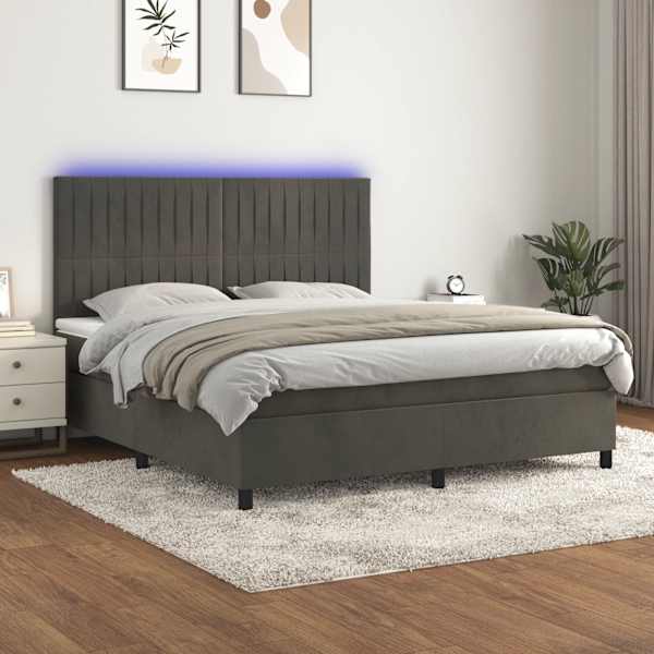 LED-valgustusega kontinentaalvoodi koos madratsiga, tumehall, 160 × 200 cm, samet — mudel 3136252